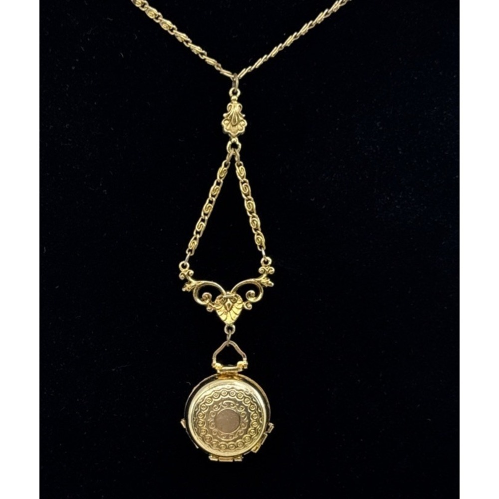 Vintage Signed ART Etched Round Double Locket Necklace Art Nouveau 24" Long